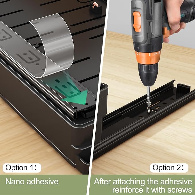 DOMNIU Pull Out Cabinet Organizers Expandable,Black,20.8" Depth,2 Pack | Plastic Slide Out Drawers for Kitchen, Bathroom, Pantry, Under Sink Storage, Fixed with Adhesive Nano Film (13''-19'')