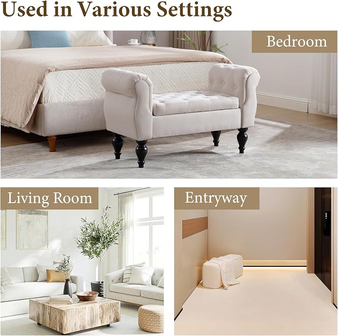 Storage Bench with Arms End of Bed Bench, Linen Entryway Bench with Storage, Button Tufted Upholstered Ottoman Bench Wood Legs, Window Sitting Bench for Bedroom/Living Room/Hallway, Beige
