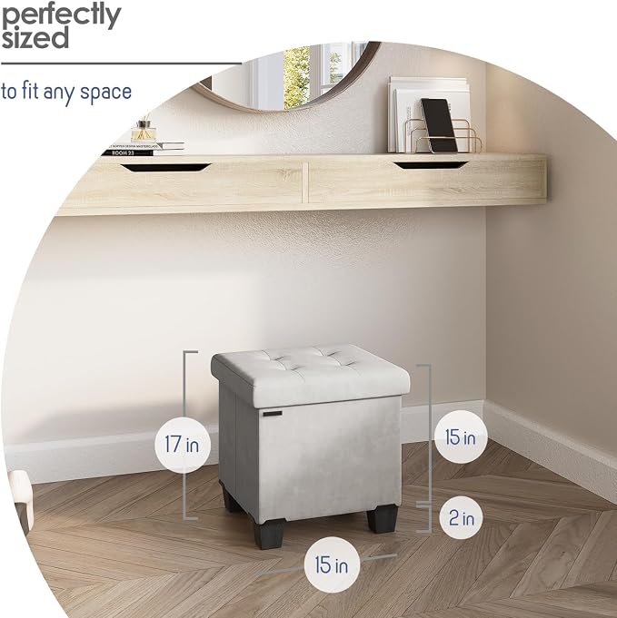 Storage Ottoman Cube with Small Bin, 15-in Square Ottoman with Storage for Living Room and Bedroom, Small Ottomans Foot Rest, Velvet Foot Stools Ottomans Max 330lbs, Light Grey