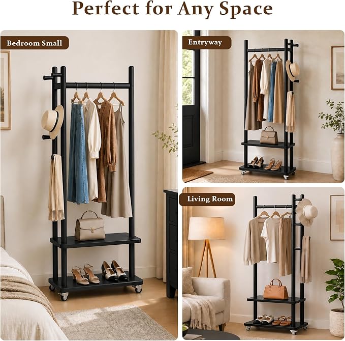 Taitiy Coat Rack Solid Wood Stand Storage 2 Shelves 4 Hooks Black | Entryway hallway bedroom office, durable wood construction, freestanding design, coats hats bags storage