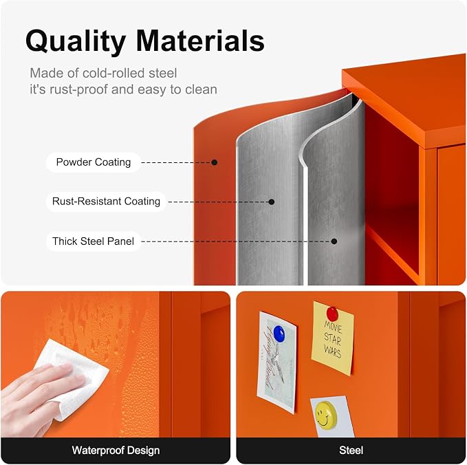 Bevivog Orange Metal Locker Cabinet with 2 Doors and 2 Adjustable Shelves, Small Accent Cabinet Bathroom Floor Storage Cabinets Short Sideboard for Entryway, Living Room, Hallway