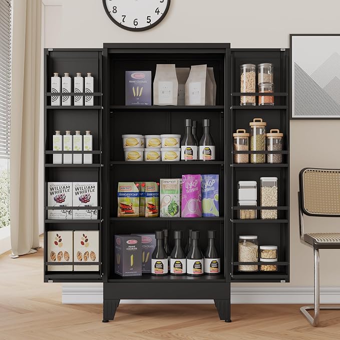 48" H Metal Kitchen Pantry Storage Cabinet, Freestanding Cupboard Storage Cabinet with Doors and Adjustable Shelves, Large Stand Up Food Cupboard for Living Room, Dinning Room, Black