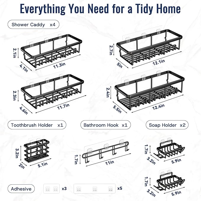 8 Pack Adhesive Rustproof Shower Caddy with Soap Dishes, Toothbrush Holder & Hooks, Large Capacity No-Drilling Shower Shelves Rack for Bathroom Organizers and Storage Accessories, Black
