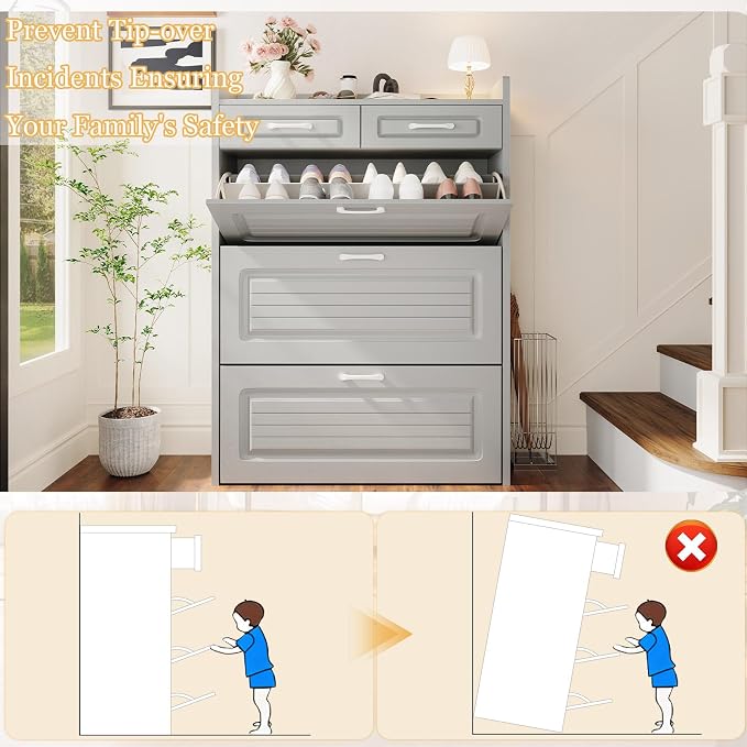ODUWA Shoe Cabinet with 3 Flip Drawers and 2 Storage Drawers, Shoes Organizer Cabinets with Adjustable Divider, Hidden Shoe Storage Cabinet for Entryway, Hallway, Living Room, Light Grey