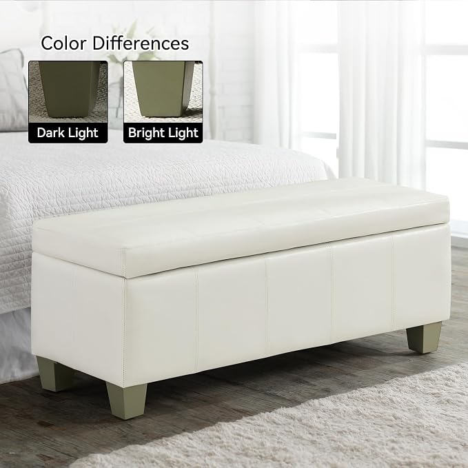 WUTUTUEE 51" Faux Leather Storage Ottoman, Stitch Tufted Rectangle Upholstered End of Bed Storage Bench, Entryway Large Couch Ottoman with Wooden Legs,White