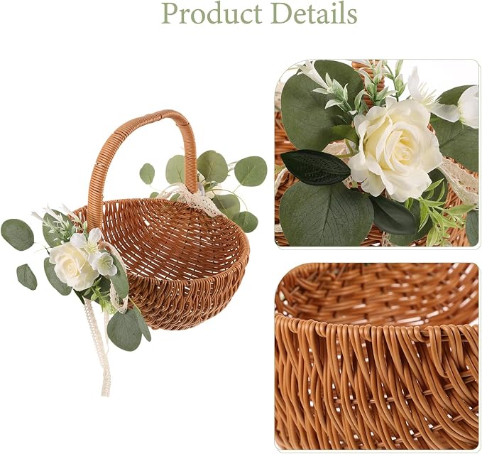 Totority Woven Storage Basket with Handle, Decorative Picnic & Fruit Basket for Home, Farmhouse Decor | Includes Faux Flower Accent | Multi-use Organizer for Kitchen, Dining, Or Display