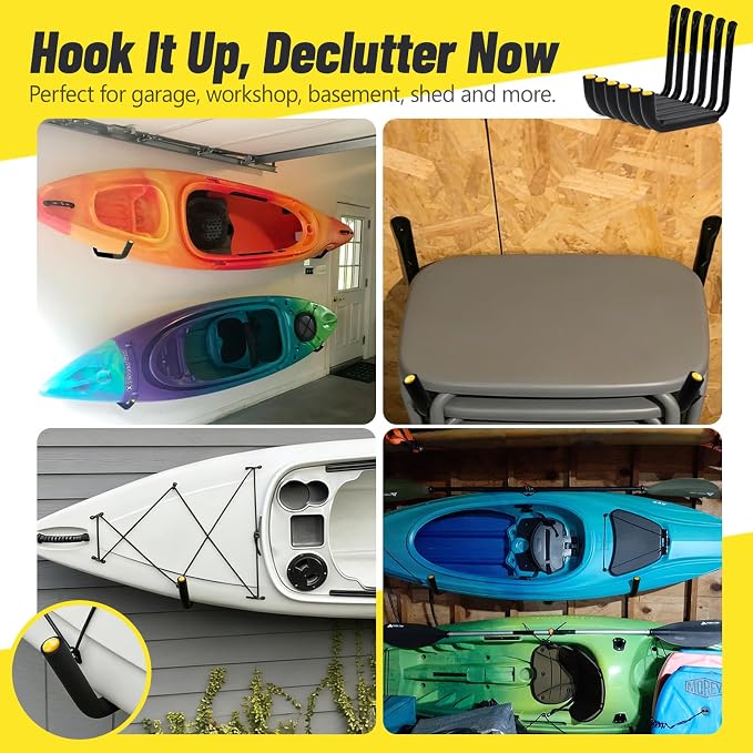 GEEDAR Heavy Duty Garage Storage Hooks -75 LB Capacity, 6packs, 9.8" Wall Mounted Rack for Hanging Paddle Board, Ladders, Bikes Enforced Kayak Storage Hanger