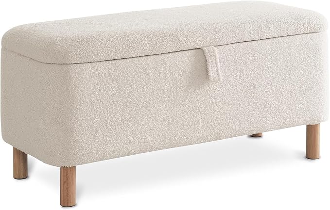 Boucle Storage Ottoman Bench for Bedroom end of Bed, Sherpa Upholstered Shoe Seat Storage Bench for Entryway Bed Foot, Rectangle Cushion Padded Blanket Chest Cute for Living Room, White