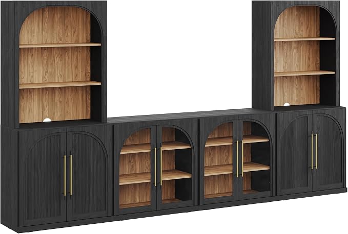 BELLEZE 6-Piece Modular TV Stand Set - 2 Arched Glass Cabinets, 2 Double-Arc Wood Door Bases, and 2 Hutch Units, Classic Modern Entertainment Center with Adjustable Shelves for Living Room(Ebony)
