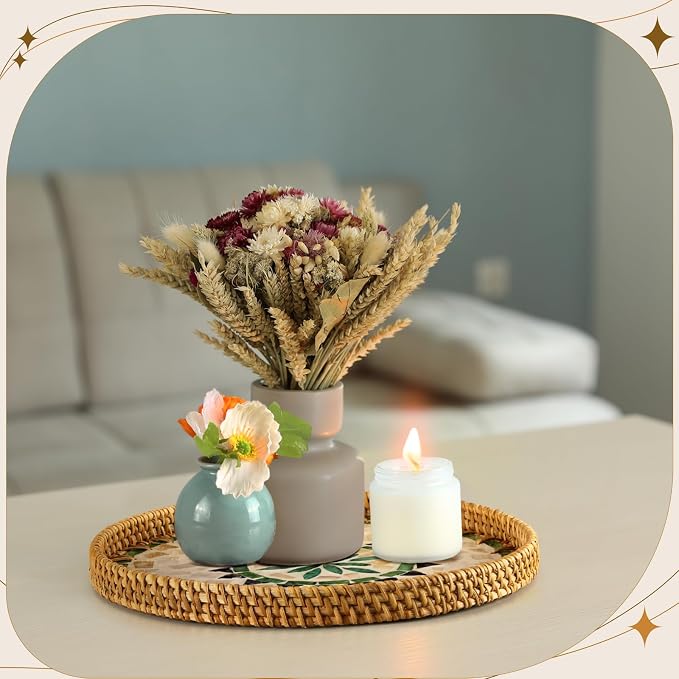 3 Pcs Round Rattan Tray with Mother of Pearl Inlay Wicker Serving Tray with Wooden Base Boho Decorative Wicker Basket for Table Decor Bathroom Candle Perfume(Fresh Style)