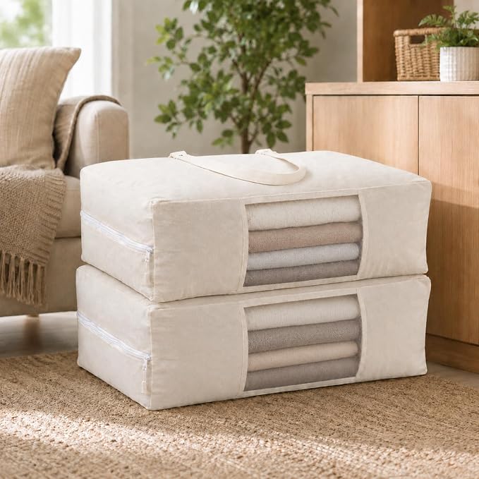 2 Pack Canvas Storage Bags for King/Queen Comforters Blanket, 25"x19"x9" | Fine Mesh Window & Handles, Cotton Blend Canvas, Breathable, Dustproof, Mothproof, for Duvet Sheets Bedding Pillows Clothes