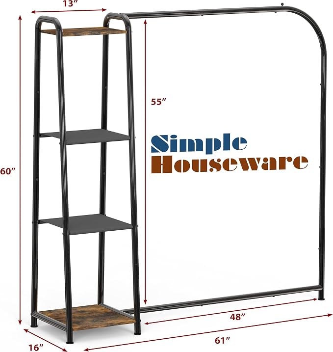 Simple Houseware Heavy Duty Clothing Garment Rack with 4 Shelves, Black | Portable Closet Organizer for Hanging Clothes