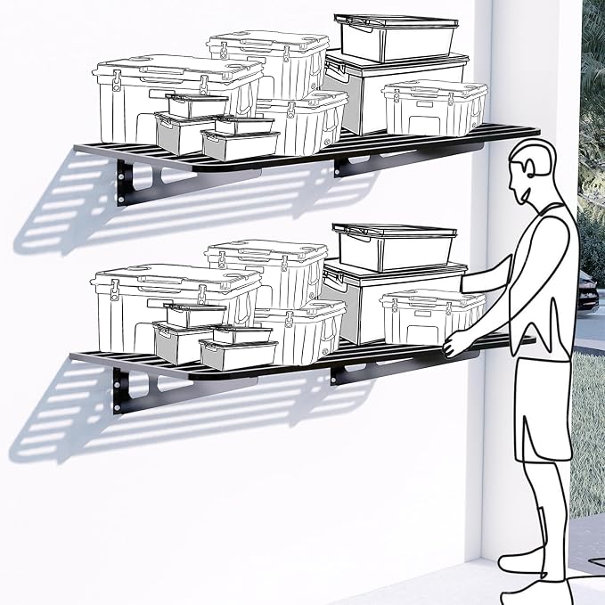 ZoffyFabrizio Garage Wall Shelving 2-Pack 2x4ft Garage Shelving(24-inch-by-48-inch) Wall Shelf Garage Storage Rack Floating Shelves, Space-Saving Black