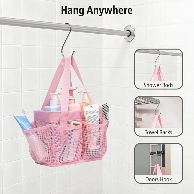 F-color Mesh Shower Caddy Portable - Stand Up 8 Pockets for Dorm, Pink | Stand Up Frame, S Hook, Collapsible Organizer, Mesh Shower Bag Bathroom Tote for College Dorm, Camping, Gym, Travel