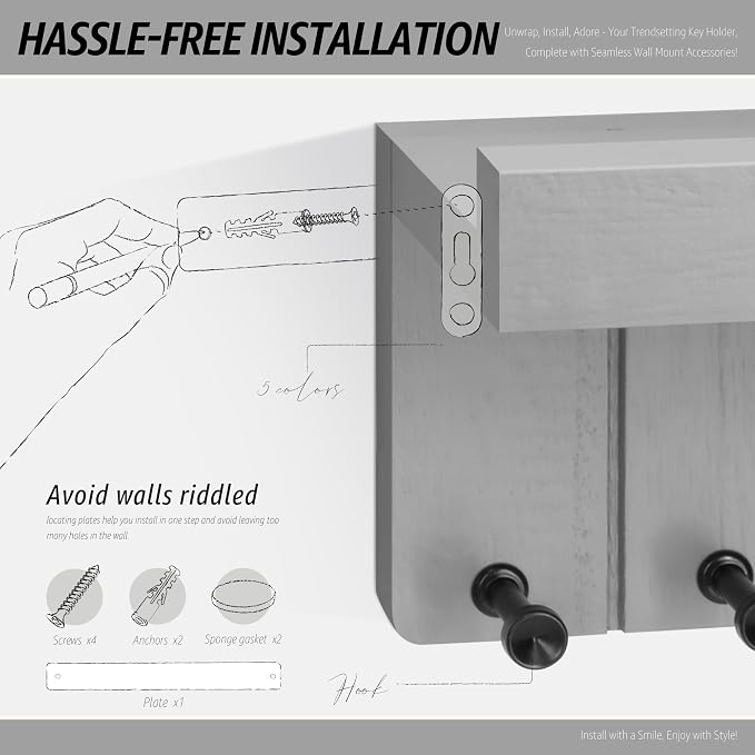 Rebee Vision Key Holder Wall Mount with 7 Hooks for Room Decor, Light Gray | Key and Mail Holder for Wall, Shelf, Plant Display, Mail Sorter, Aesthetic Home Decor, Apartment Essentials, Stylish Storage