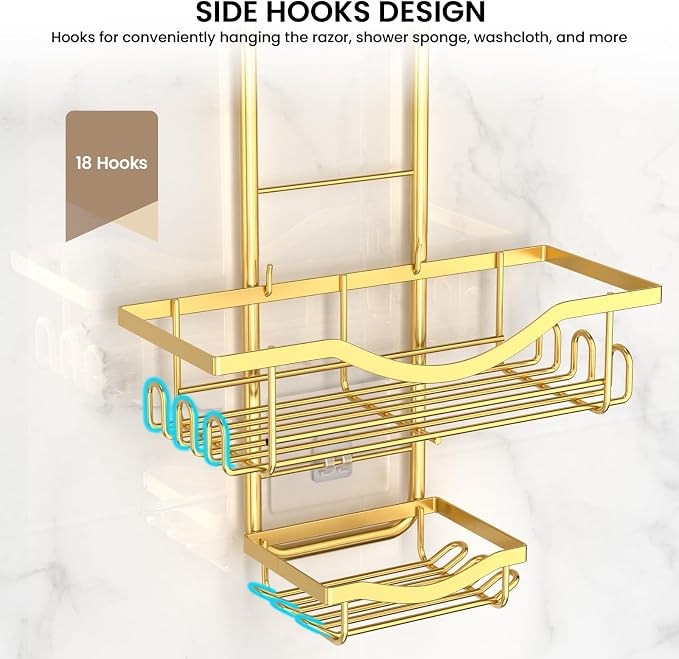Shower Caddy Hanging Adjustable Shower Caddy, Rustproof Shower Organizer Extended Length Showers Caddy Over Shower Head with Hooks Soap Holder, Large Capacity Anti-Swing Bathroom Organizer, Gold | Shower Caddy Over Showerhead, Extra Long, No Drilling, ...