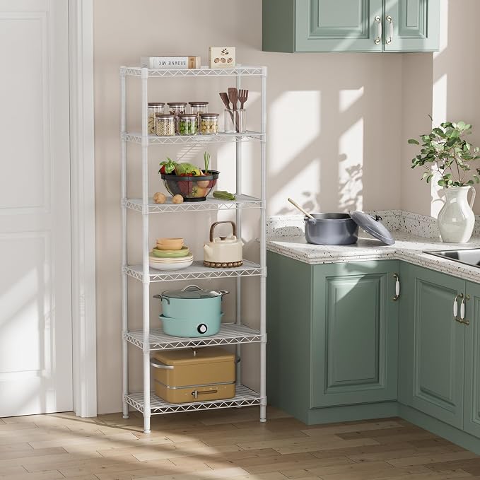 SINGAYE 6 Metal Shelves Wire Shelving Storage Shelf Adjustable Unit Pantry | 6 Tier Kitchen Laundry Room Organization Home Pantry Closet Bathroom Organizers Garage Rack 12" D x 22" W x 69.5" H White