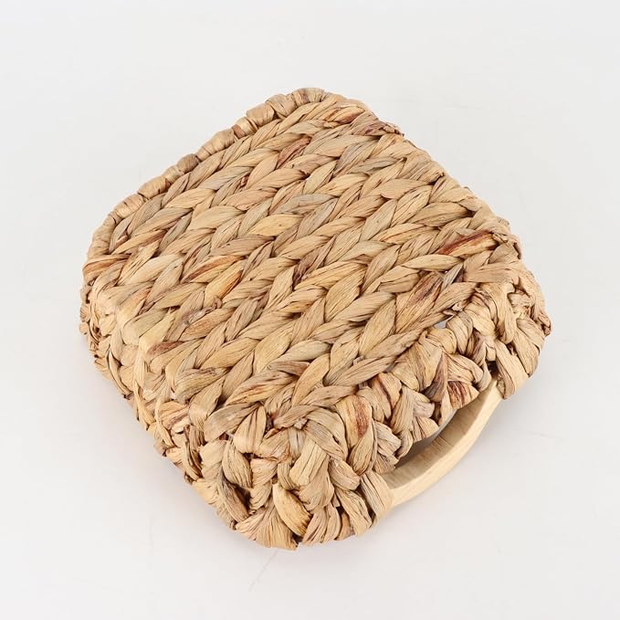 Square Small Water Hyacinth Wicker Basket for Organizing | Decor Woven Storage with Wooden Handles, Perfect for Shelves, Snack, Countertops or as Gift Basket