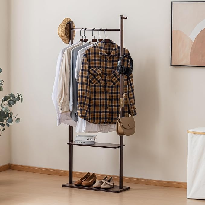 SOBIBO Wood Coat Rack Freestanding with Shelves & Hooks, 23.6inch, Walnut | Solid Wood Frame, 3-in-1 Clothes Rack, Garment Rack with Storage for Bedroom, Hallway, Entryway, Office, Living Room