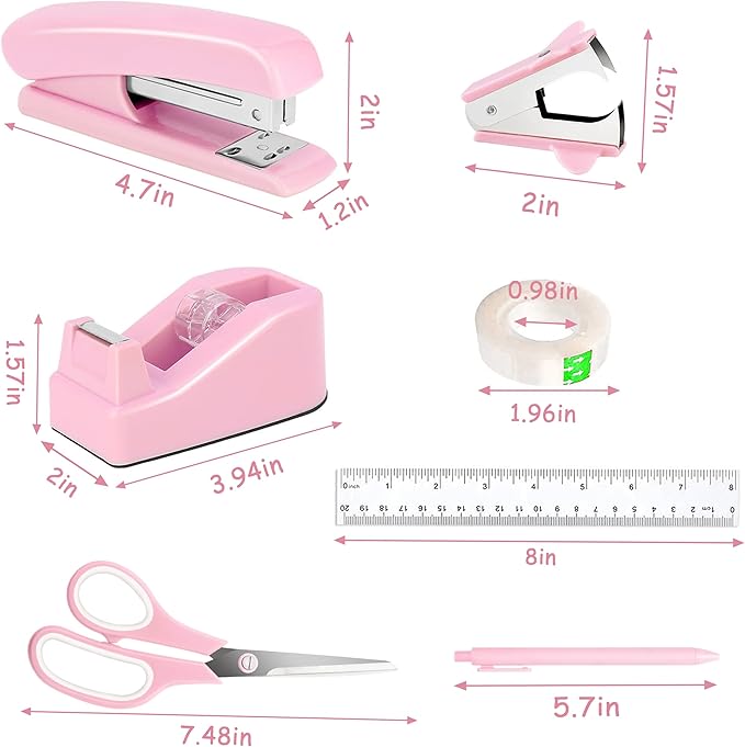 Pink Desk Accessories, Pink Office Supplies Accessories with Tape Dispenser, Stapler, Staple Remover, 1000 Staples, Tape, Clips Set, Ruler, Scissor, Pen