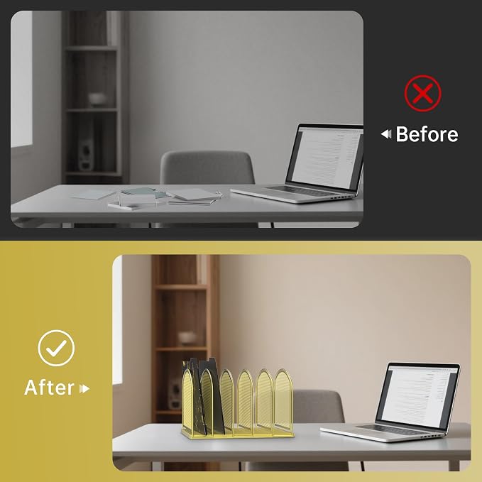 SUPEASY 5-Section File Organizer for Desk, Metal File Folder Holder, Gold | 5 Vertical Compartments with Sturdy Metal Base for Office Documents Books Magazines and Laptop