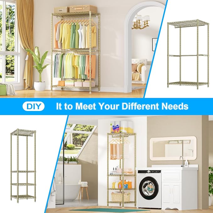 Ulif E10 Clothes Rack(With Stretchable Hanger Rod)Freestanding Clothing Racks for Hanging Clothes,Adjustable Closet Organizer System,Portable Garment Rack 73-97"W x 15" D x 72" H,Max Load 800LBS,Gold