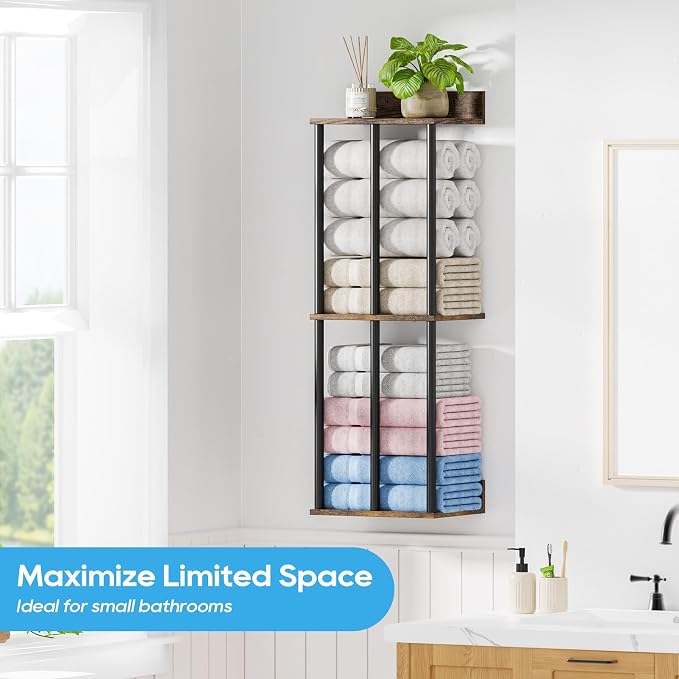 Towel Racks for Bathroom Wall Mounted with Wooden Storage Shelf | Updated 3 Bar Metal Towel Holder for Rolled Towels, Sturdy and Large Capacity, Towel Storage Organizer