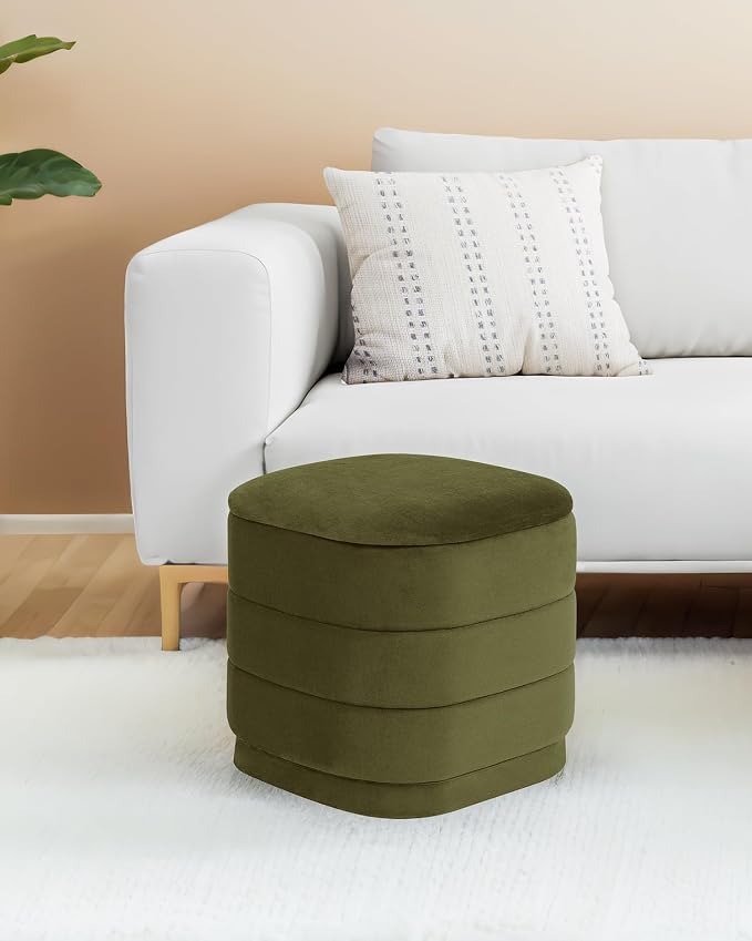 B FSOBEIIALEO Velvet Storage Ottoman with Tray, Square Folding Ottoman with Storage Coffee Table Foot Rest for Dorm Room, Living Room Olive, 15"x15"x15"