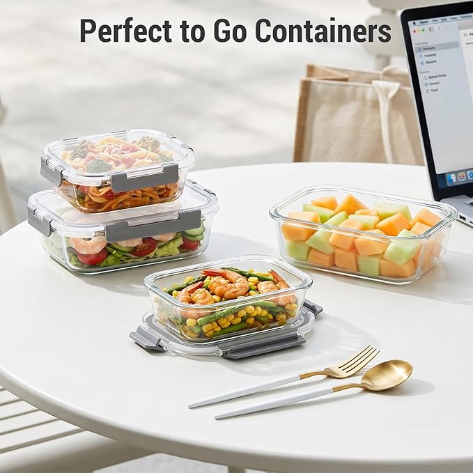 Dealusy 10 Sets (20-Piece) 36 oz & 12 oz Glass Food Storage Containers with lids, Airtight Leak-proof Glass Meal Prep Containers with Lids, Microwave Oven Freezer Dishwasher Safe, Gray