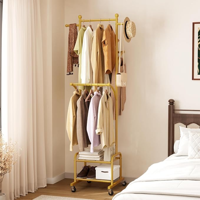 Rolling Clothes Rack with 2 Shelves, Small Gold Clothing Rack with Wheels | Gasvadivum 71" Tall Sturdy Metal Garment Rack with 3 Hanging Rods, Freestanding Portable Coat Rack for Bedroom, Entryway