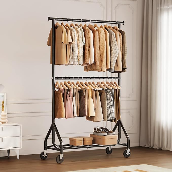 HYSEYY Heavy Duty Clothes Rack, Double Rod Clothing Rack for Hanging Clothes, Rolling Garment Rack, Adjustable Freestanding Wardrobe Closet Coat Rack for Bedroom Laundry Living Room, Black