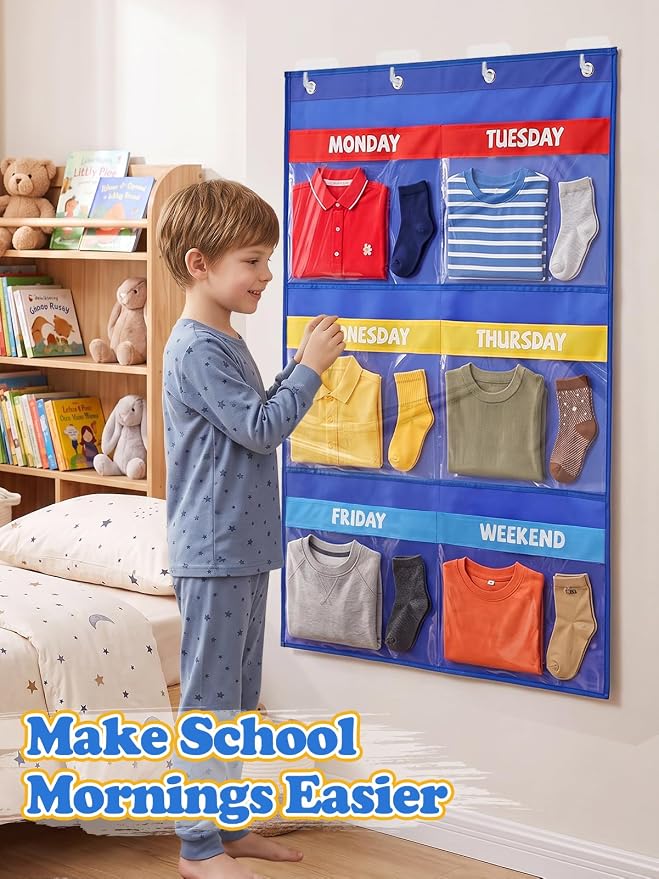 Alphatool 2 Pcs Weekly Clothes Organizer Hanging Closet Storage for Kids | 37" x 28" Large Capacity, Monday to Weekend Labels, Over Door / Wall Mount for School Outfits and Kids Room Organization