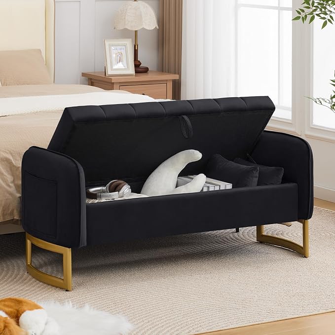 End of Bed Storage Bench, 51'' Velvet Storage Benches for Queen Size Bedroom Foot of Bed, Storage Ottoman Bench with Golden Legs and Pillow for Living Room Window Entryway, Black