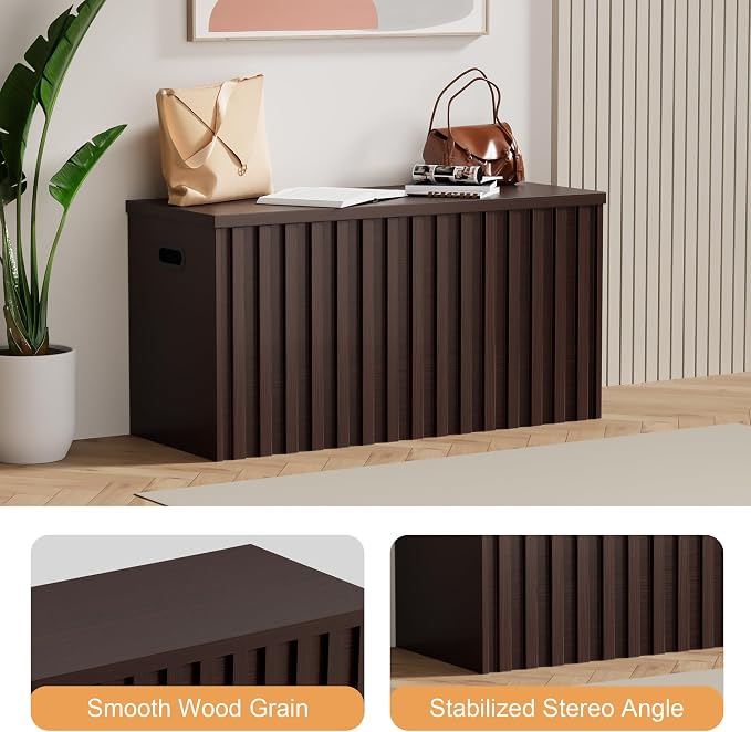Storage Bench,39.4" Wood Box, Storage Trunk with 2 Safety Hinges, Ottoman Storage Chest, Fluted Storage Bench for Bedroom, Entryway, Living Room (Walnut)