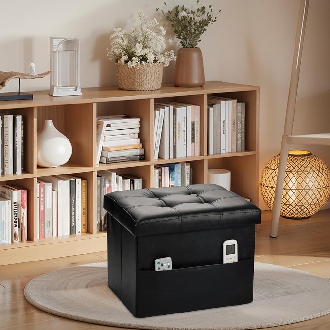 Bsketa Storage Ottoman Bench,17 Inch Folding Leather Foot Rest Stool, Black | Small Ottoman with Side Pockets, Thicker Foam Padded Seat, Livingroom, Dorm, Bedroom, Easy to install, 43L,17x13x13in