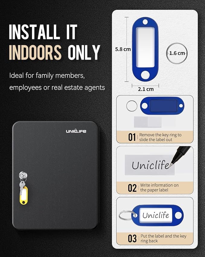 Uniclife 100 Position Key Cabinet with Key Lock Wall Mounted Black Security Storage Box Steel Key Organizer with Colorful Key Tag Labels Stickers and Hooks