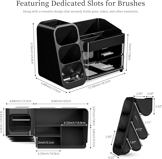 Makeup Organizer with Drawers for Vanity Bathroom Counter Organizers and Storage, Large Skincare Organizer with Brush Toothbrush Holder for Perfume, Nail Polish, Dresser, Office Supplies, Black