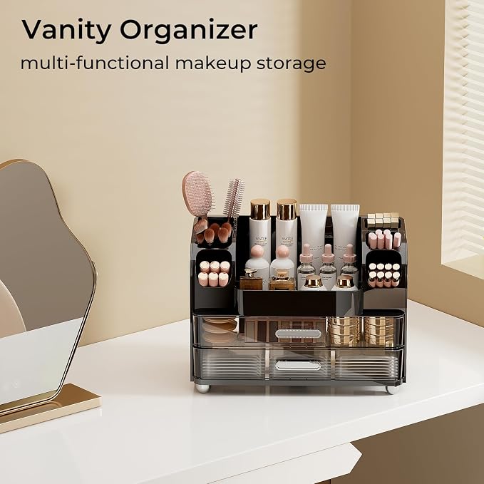 UFORU Makeup Organizer Countertop with 2 Large Drawers for Vanity Bathroom | Brush Holder, Large Capacity, Thickened Plastic, Compact Footprint, Space-Saving Design, Easy Clean, Ideal for Dorm Rooms
