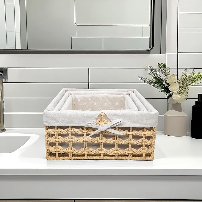 GIB Small Wicker Woven Storage Baskets for Organizng with Liners, Set of 3 | Braided Paper Rope, Decorative Cute Baskets for Gifts, Storage Bins for Shelves, Pantry, Bathroom Organizers, Bedroom Decor
