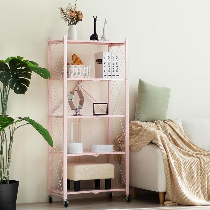 BRIAN & DANY 5-Tier Foldable Storage Shelves with Wheels, Folding Metal Rack Shelving Unit, Heavy Duty No Assembly Organizer Shelf for Garage, Kitchen, Basement, Pantry, Pink