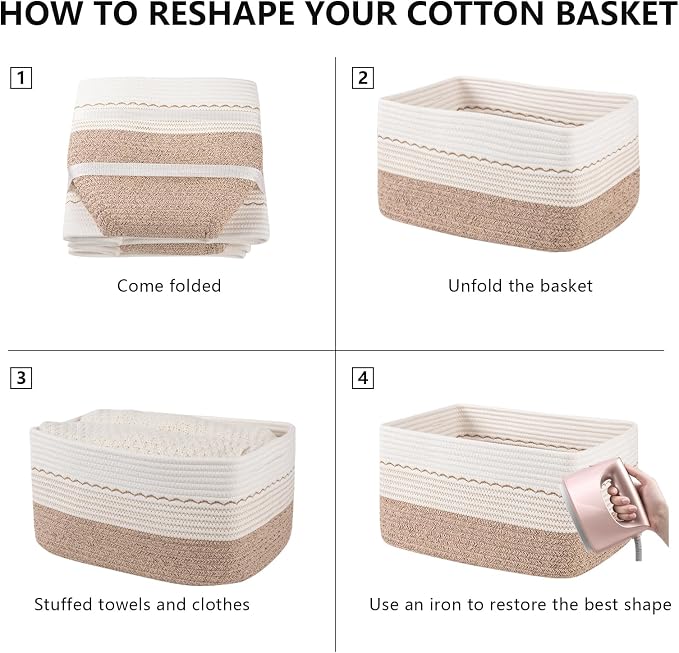 OIASKET 4 Pack Storage Baskets for Organizing, 15.75''x11.8''x7.87'', Decorative Cotton Rope Baskets for Shelves, Small Woven Basket for Toys, Books and Towels, Brown&White