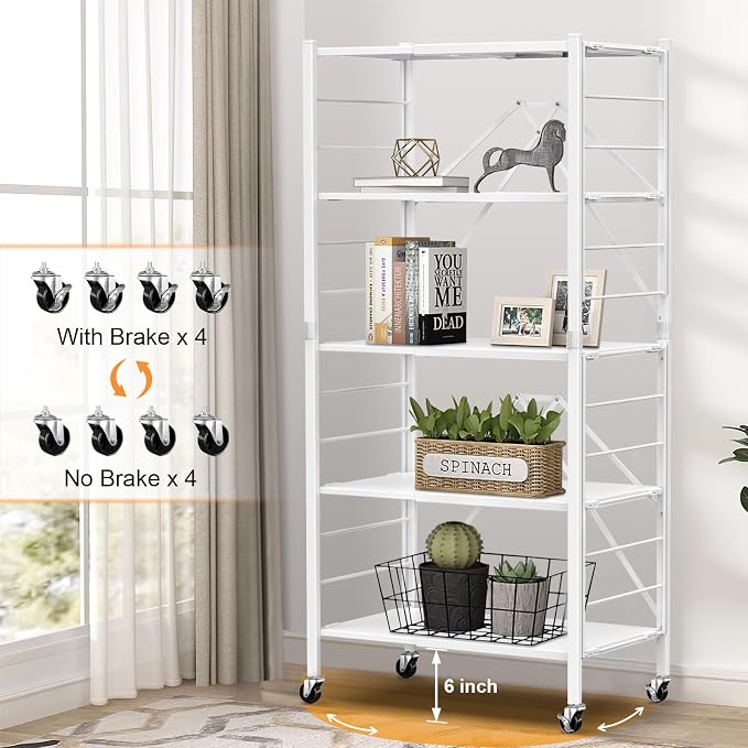 Himix 5-Tier Foldable Storage Shelves with Wheels Expandable Kitchen White