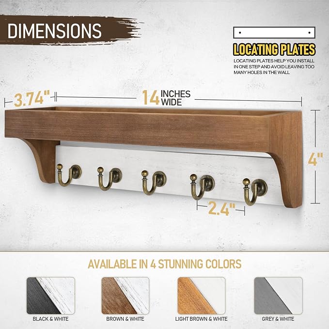 Rebee Vision Key Holder Wall Mount with Shelf for Entryway, Brown & White | 5 Retro Hooks, Two-Tone Rustic Decor, Primitive Wood Mail Organizer, Key Holder for Wall, Decorative Home Accent