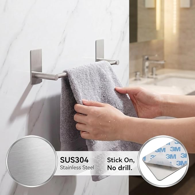 Songtec Bathroom Towel Bar 16-inch, No Drill Stick On Towel Rack, Easy Install with Self-Adhesive, Premium SUS304 Stainless Steel - Brushed Nickle