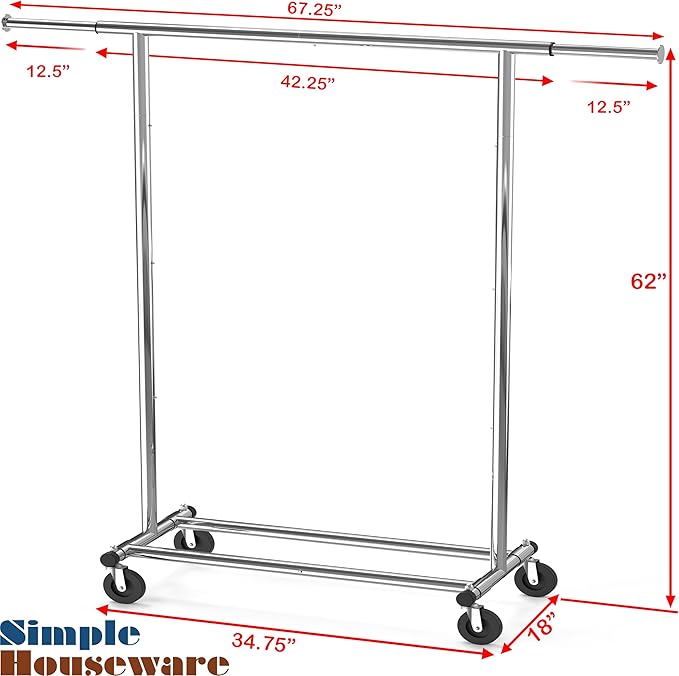 Simple Houseware Heavy Duty Clothing Garment Rack, Chrome | Holds Up to 150 lbs, Extendable Width from 42 to 67 Inches