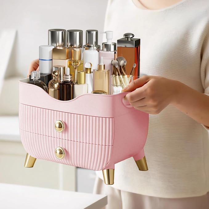 Makeup Organizer Countertop, Large Capacity Skincare Organizer for Vanity | Cosmetics Organizer with Drawes & Handle, Cosmetic Display Cases Storage Box for Dresser, Bathroom, Gifts for Women(Pink)