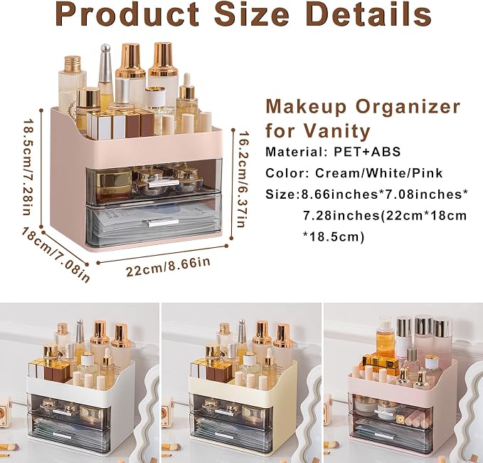 DASITON Makeup Organizer with 2 Drawers, Large Capacity Makeup Cosmetic Organizers for Vanity Dresser Bathroom Countertop, Vanity Organizer Makeup Storage Box for Skincare, Eyeshadow, Lotions (Pink)