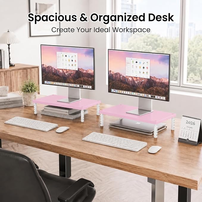 Adjustable Computer Monitor Stand Riser for Desk, Desk Organizer & Office Decor for Women, Laptop Stand, Office Desk Accessories & Workspace Organizers for Home Office, Pink Wood