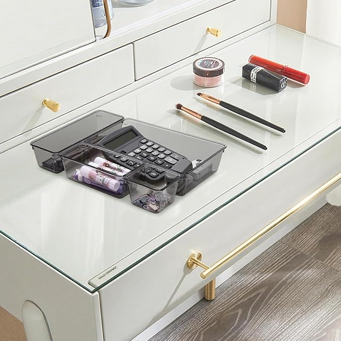 Kitchen Desk Drawer Organizers Storage for Office, Small Acrylic Vanity Trays Makeup Organizer for Drawer Bathroom Plastic Make up Organizers 25 Pcs Clear Black