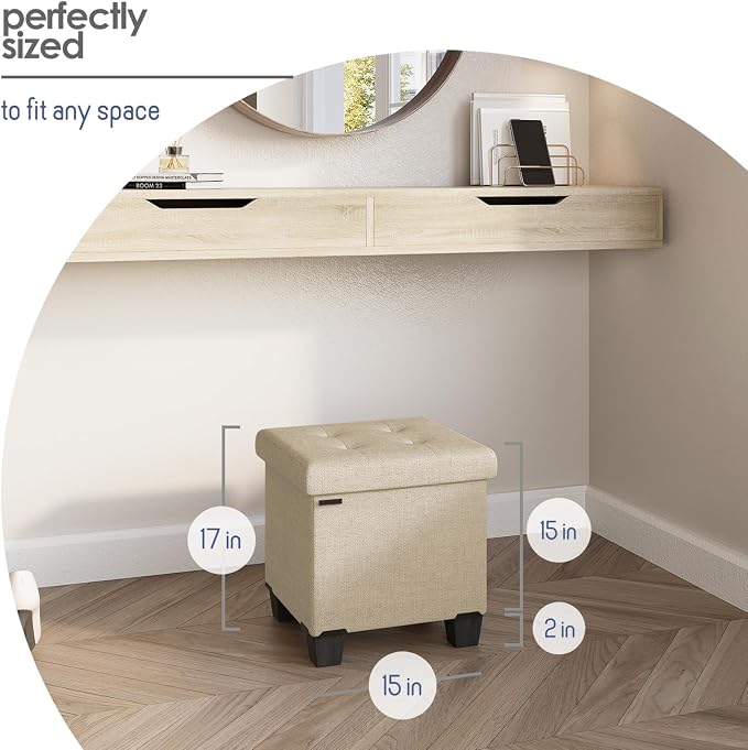Storage Ottoman Cube with Small Bin, 15-in Square Ottoman with Storage for Living Room and Bedroom, Small Ottomans Foot Rest, Fabric Foot Stools Ottomans Max 330lbs, Beige